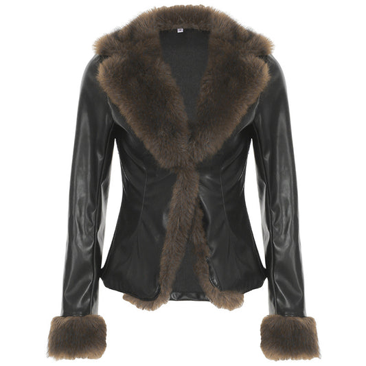 American Street Loose Fur Collar Leather Coat - Black & Elva