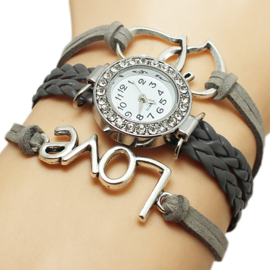 Alloy Love Double Heart-shaped Love Woven Multi-layer Watch - Black & Elva