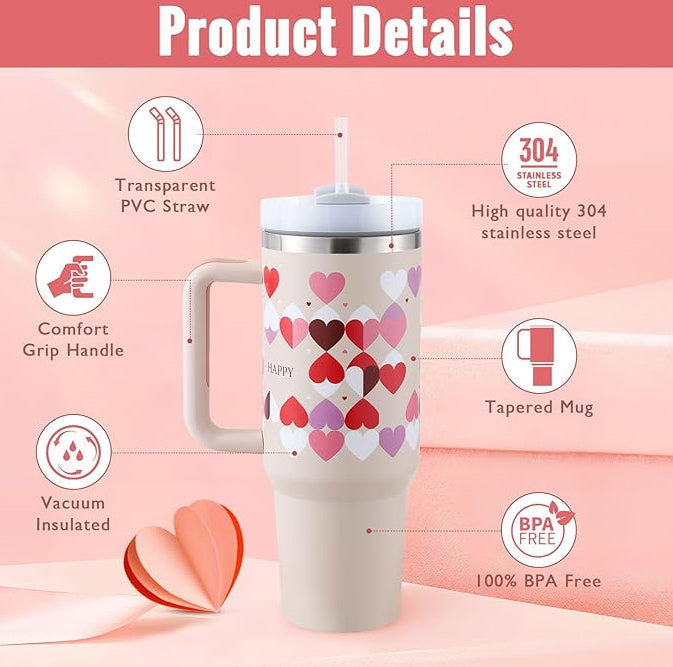 "40 Oz Insulated Stainless Steel Tumbler with Handle & Straw – Spill Proof Vacuum Coffee Cup, Perfect for Car, Gym, Office & Travel – Ideal Valentine’s Gift" - Black & Elva