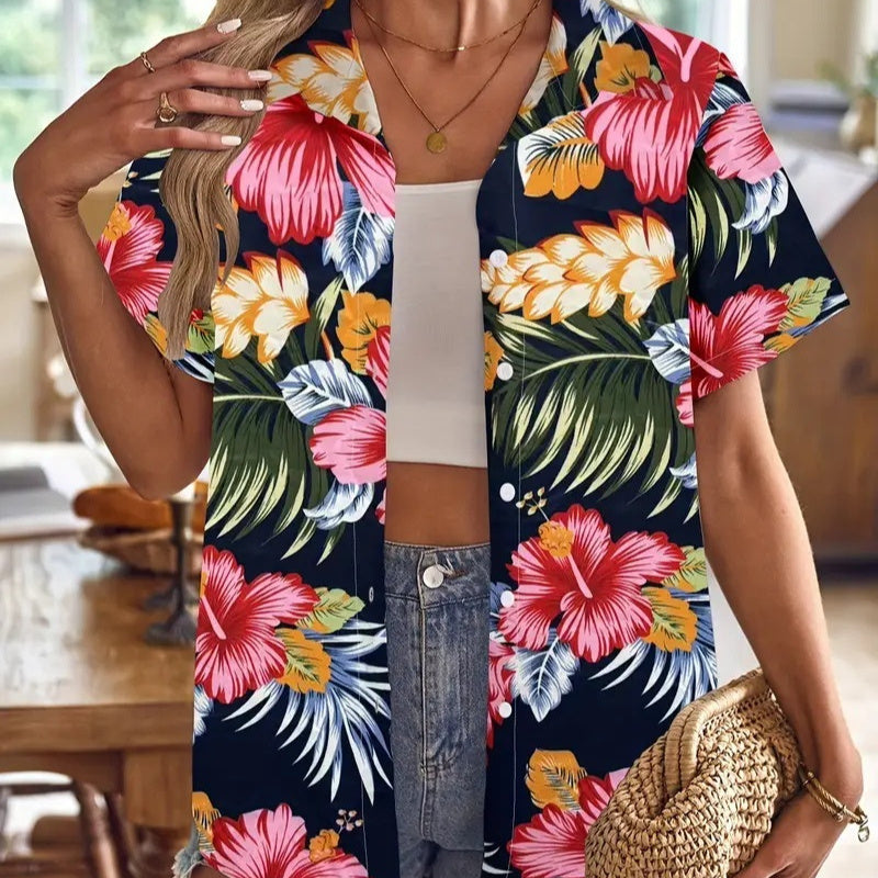 Casual Wild Plant Pattern Women's Short-sleeved Shirt - Black & Elva