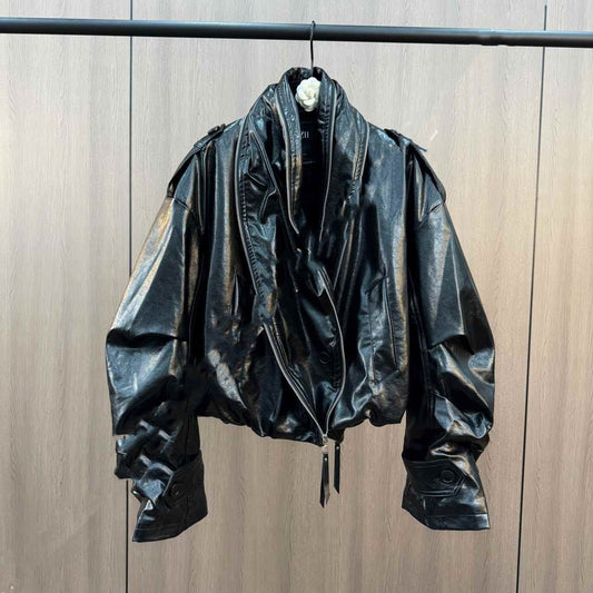 Cuffed Zipper Collar Button PU Leather Jacket Cotton Padded Jacket - Black & Elva