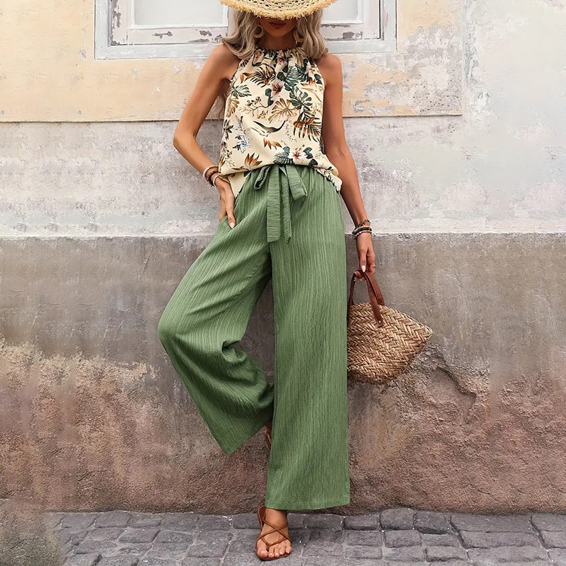 Women's 2 Piece Outfits Summer Casual Sleeveless Halter Neck Crop Tops Wide Leg Pants Set - Black & Elva